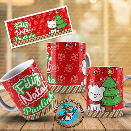 Caneca Natal com nome - Ursinho com Árvore de Natal